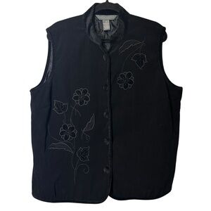 Jessica Holbrook Easycare Black Embroidered Floral Vest Size 1X Velour Chic